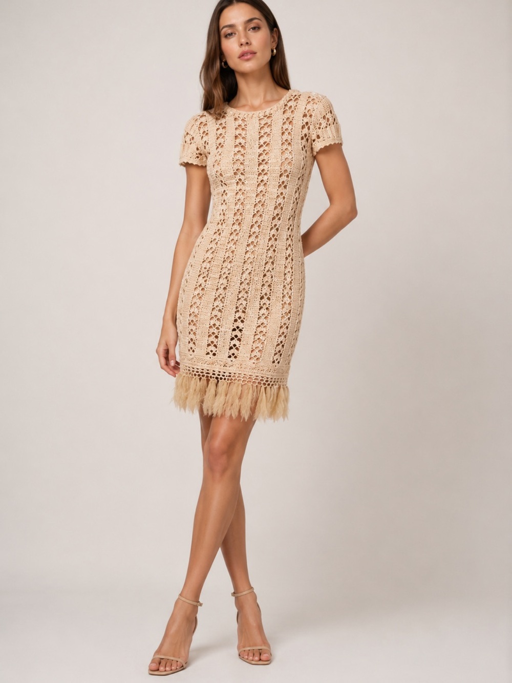 100% silk handmade chrochet dress mini ruffle cap sleeve open back handmade nude